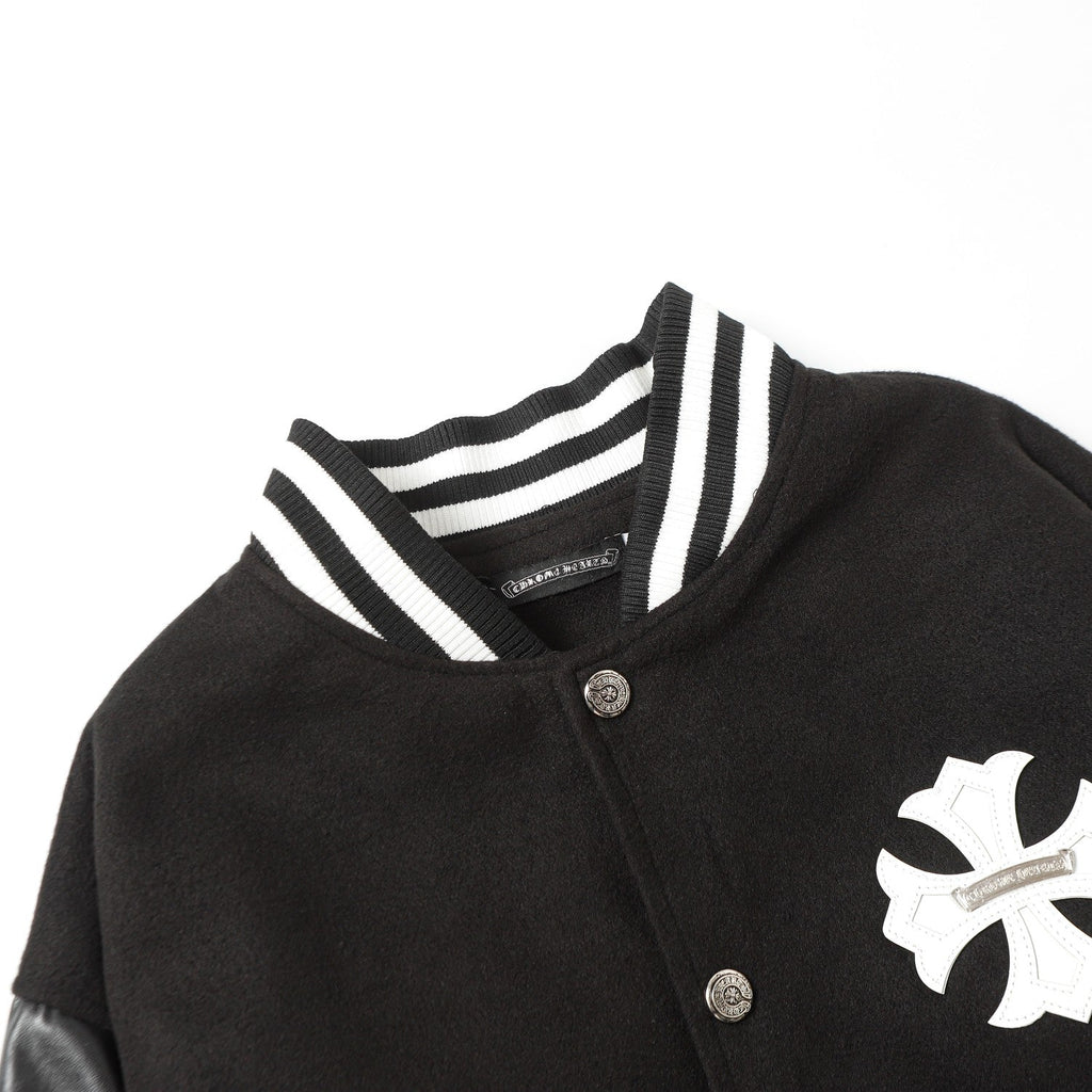 Chrome-Hearts Cross Embroidered Leather Sleeve Varsity Jacket - Black Street Style 116