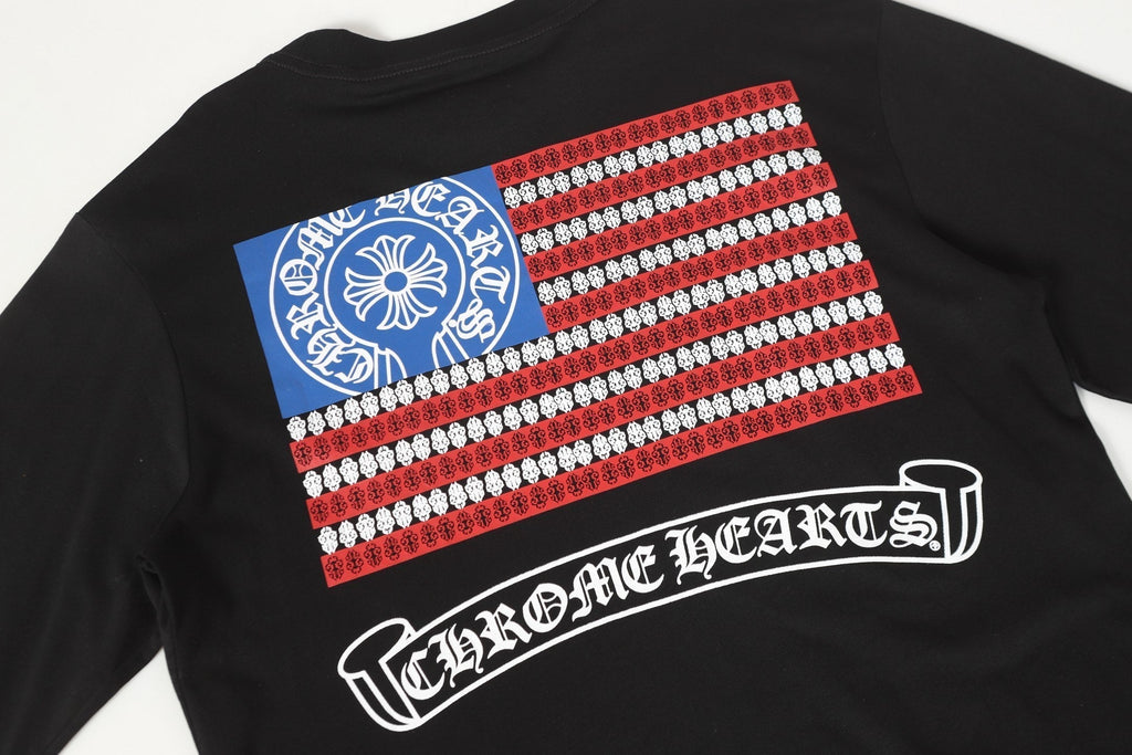 Chrome-Hearts Logo Flag Long Sleeve Tee - Black White Gothic Street T-Shirt K2126